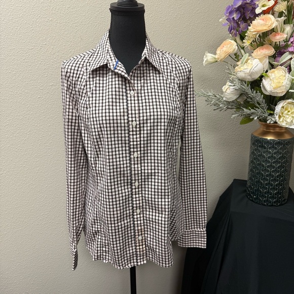 attention Tops - Attention Large Checkered Button Down Shirt Black White Stretch Work Casual Fall